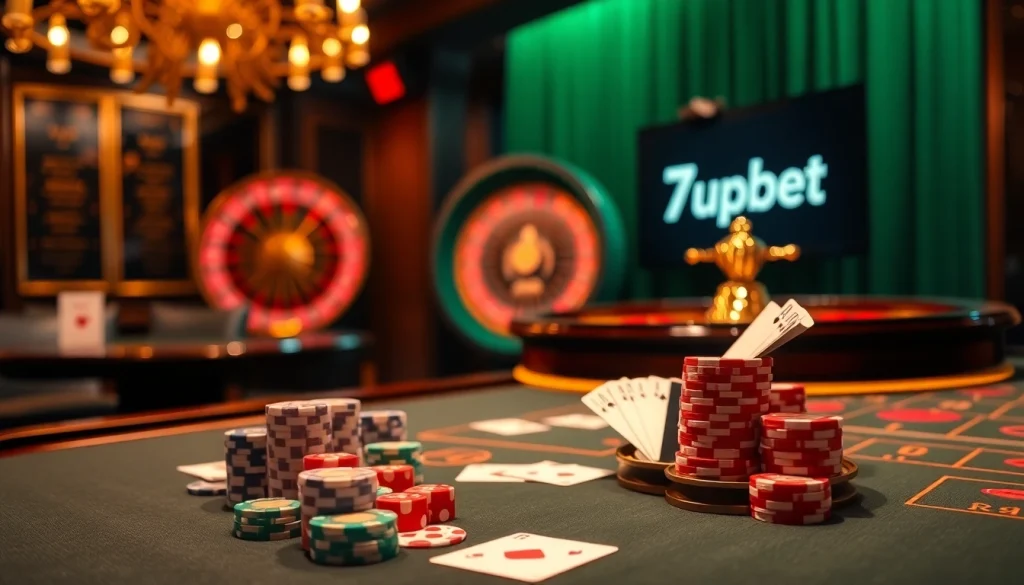 Experience thrilling gameplay at 7upbet with vibrant casino tables and poker chips.