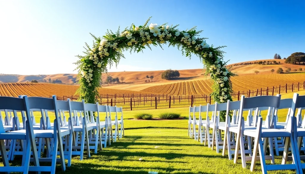 Beautiful outdoor setup for Clarksburg Wedding Venues showcasing an elegant arch surrounded by nature.