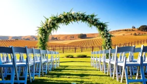 Beautiful outdoor setup for Clarksburg Wedding Venues showcasing an elegant arch surrounded by nature.