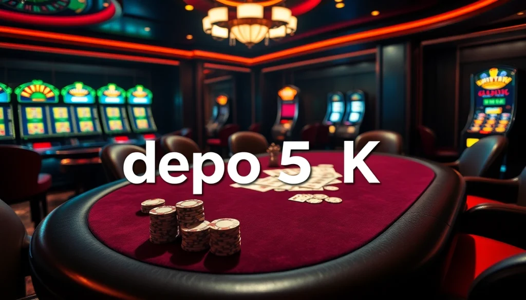 Experience the thrill of winning with depo 5k at a high-end casino featuring poker chips, cards, and a spinning roulette.