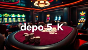 Experience the thrill of winning with depo 5k at a high-end casino featuring poker chips, cards, and a spinning roulette.