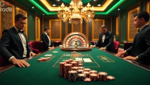 Players engaging in high-stakes action at a GO8 casino table amidst glimmering lights and vibrant decor.