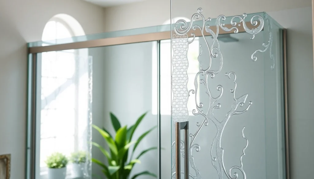Elegant glass shower doors illuminating a modern bathroom with sleek design features.