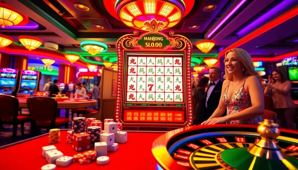 Rasakan sensasi demo mesin slot Mahjong dengan para pemain yang penuh kegembiraan di kasino mewah.