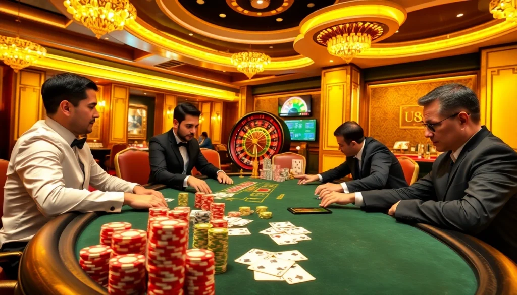 Engaging poker scene showcasing Nhà cái U888's thrilling gambling atmosphere with high-stakes gameplay.