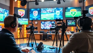 Engaging sports broadcasting commentary with a dynamic studio setting.