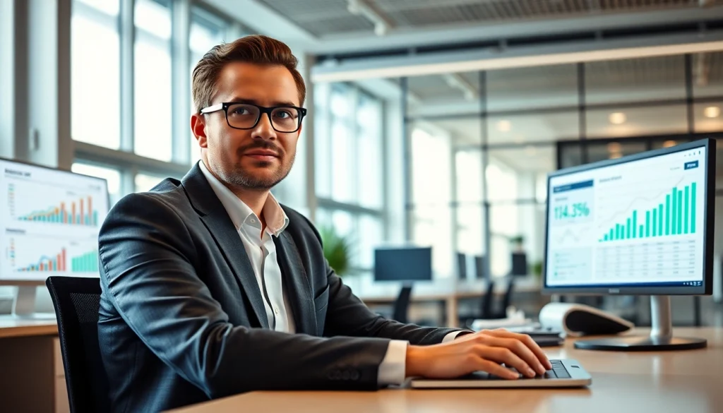 A professional analyzing how to find good sales jobs in an inspiring office environment.