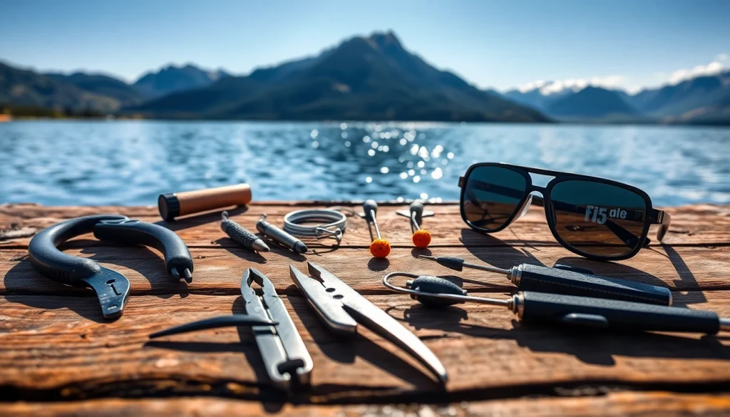 Showcase fly fishing accessories like nippers and hemostats laid on a wooden table by a lake.