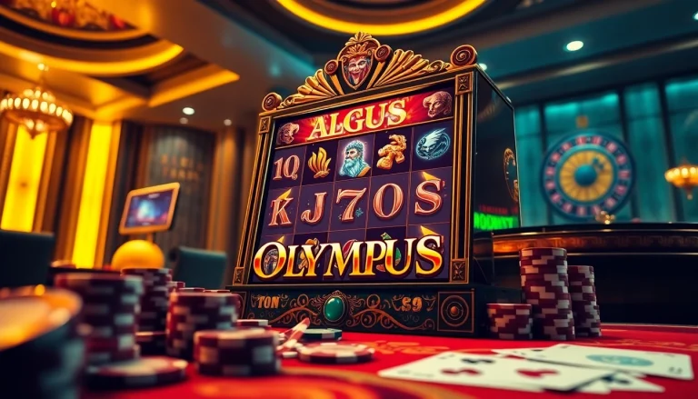 Putar mesin slot Olympus yang dikelilingi elemen kasino mewah.