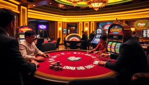Players enjoying an exhilarating game at an idnslot poker table in a vibrant casino atmosphere.