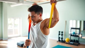 Fitness enthusiast using stretch bands for pull-ups in a bright gym setting.