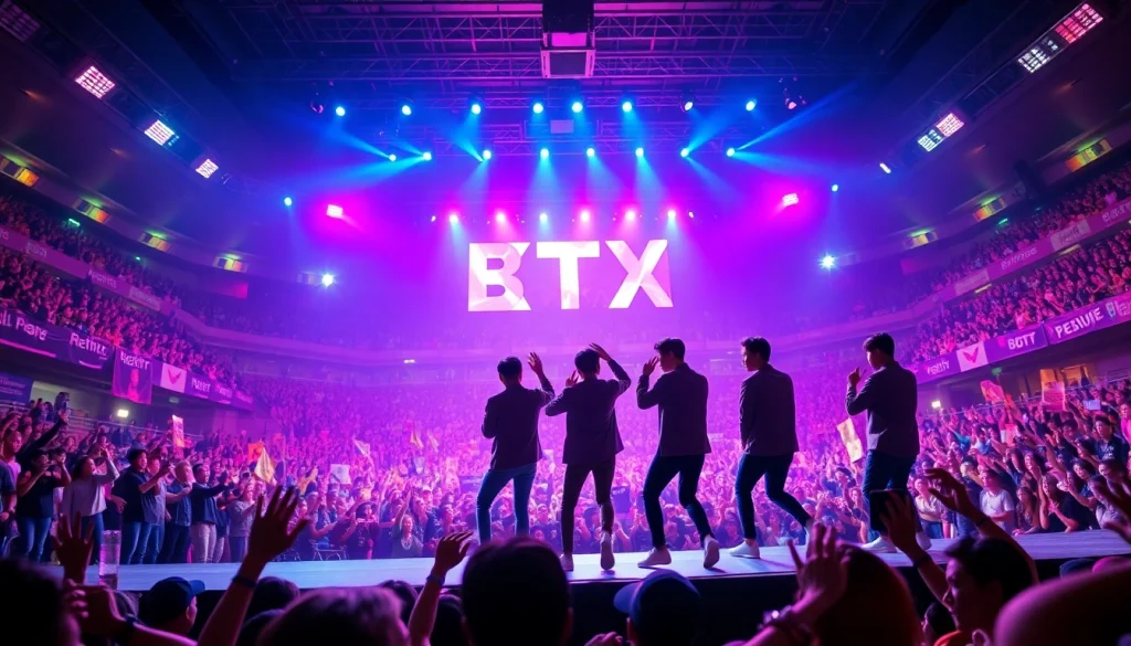 BTS news concert performance with vibrant crowd and colorful stage lights.