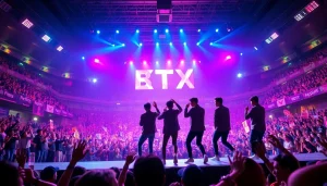 BTS news concert performance with vibrant crowd and colorful stage lights.