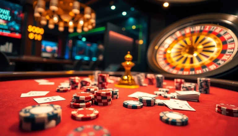 SODO casino gaming table with vibrant poker chips and cards, capturing the excitement of gambling.