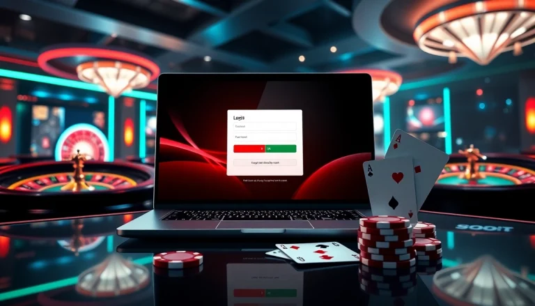 Engage in sbobet login with a modern online gaming setup featuring vibrant casino elements.