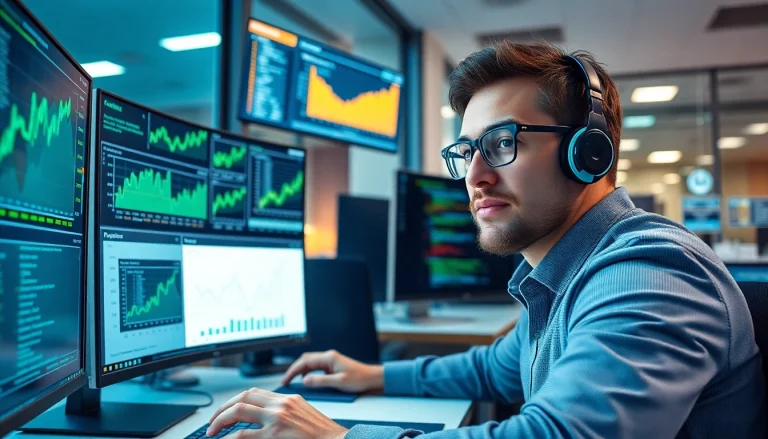 A tech-savvy professional analyzing infosec data for e-commerce trends in a modern office setting.