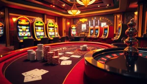 XSMB247 enthusiasts enjoying a vibrant casino environment with blackjack and roulette games.