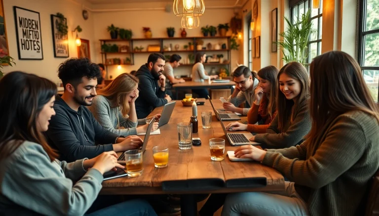 Find OnlyFans creators near me in a vibrant café setting filled with engaged young adults.