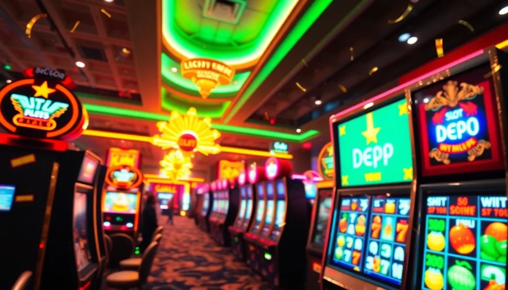 Menampilkan slot depo 1k pada mesin slot modern yang ramai dan berkilau.