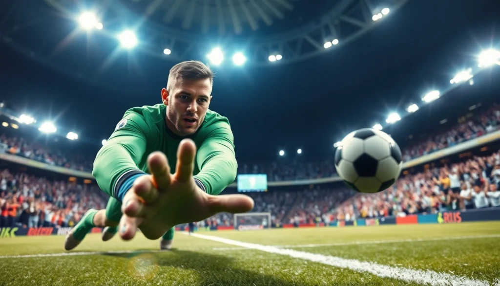 บานผลบอล การเซฟประตูที่น่าตื่นเต้นโดยผู้รักษาประตูในสนามฟุตบอล