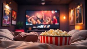 ดูหนัง ในบรรยากาศที่อบอุ่นของห้องนั่งเล่นพร้อมหน้าจอขนาดใหญ่