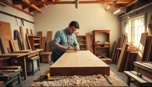 Carpenter crafting a handcrafted table in a bright workshop with various tools.
