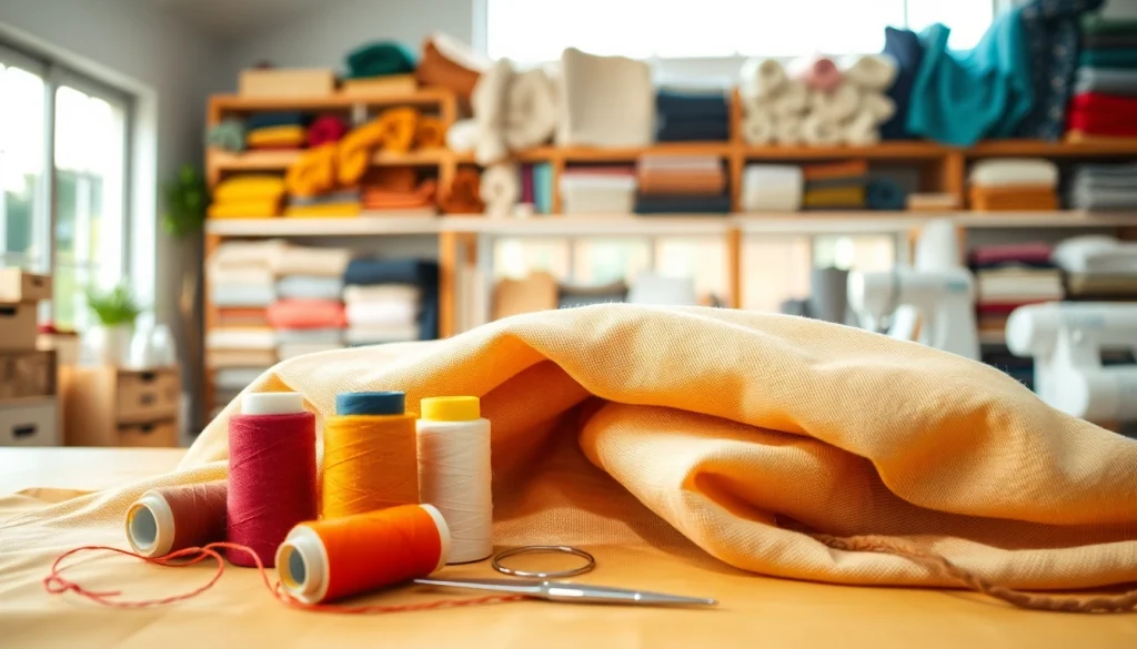 Bekijk katoenen canvasstof met kleurrijke garens en naaigereedschap in een naaiatelier.