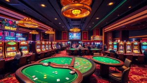 IDNslot offers an engaging gambling experience with vibrant slot machines and excited players in a luxurious casino.