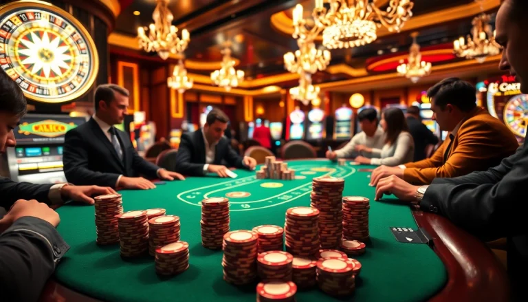 Découvrez casino en ligne argent réel avec une scène vibrante de table de poker, mettant en avant des joueurs enthousiastes et une roulette en rotation.