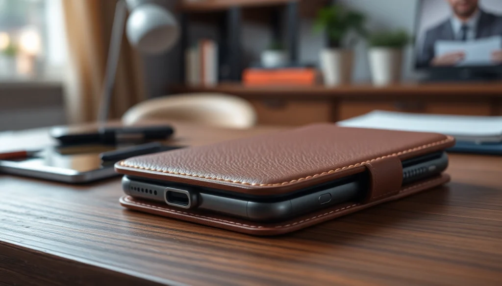 Handytasche Magnetverschluss in verschiedenen Farben auf einem stilvollen Schreibtisch präsentieren.