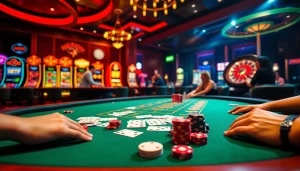 Scène excitante mettant en avant le meilleur casino en ligne France avec des tables de poker luxueuses et des machines à sous vibrantes.