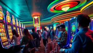 Players excitedly engaging with slot scatter hitam machines in a vibrant casino setting.