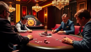 Un jeu de poker à enjeux élevés au meilleur casino en ligne France mettant en valeur des joueurs, des jetons de poker et de l'intensité.