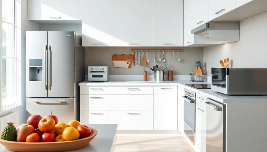 Showcase of modern home appliances in a bright kitchen, emphasizing style and functionality.