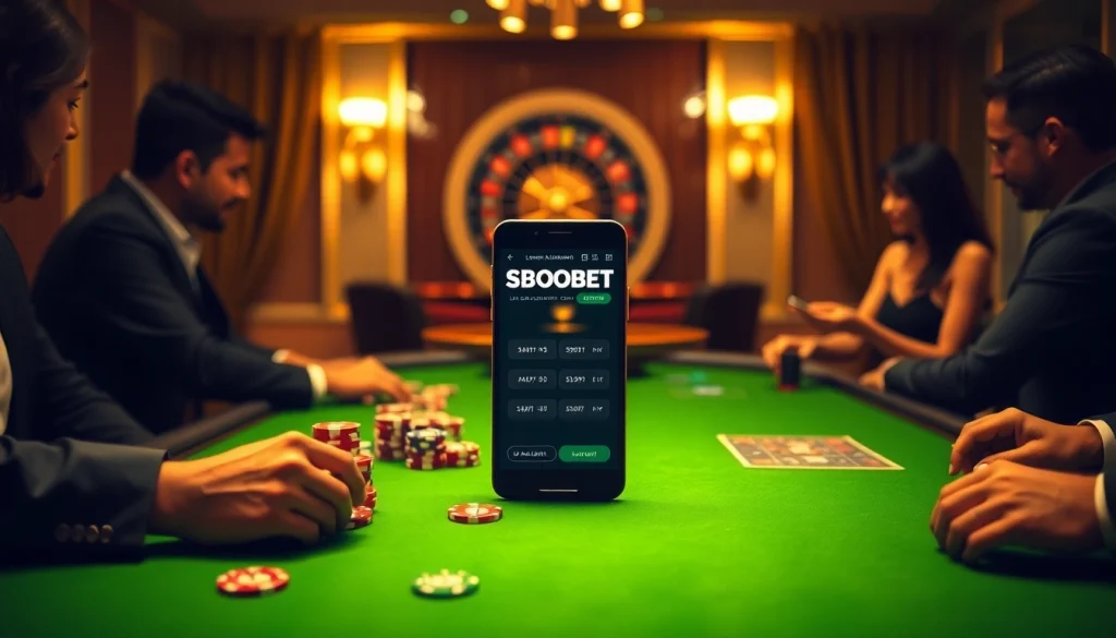 User placing bets on sbobet link alternatif at a vibrant casino table with poker chips and a smartphone.