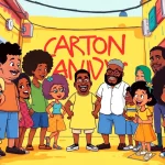 A colorful collage of African American Cartoons showcasing beloved characters in a vibrant urban setting.