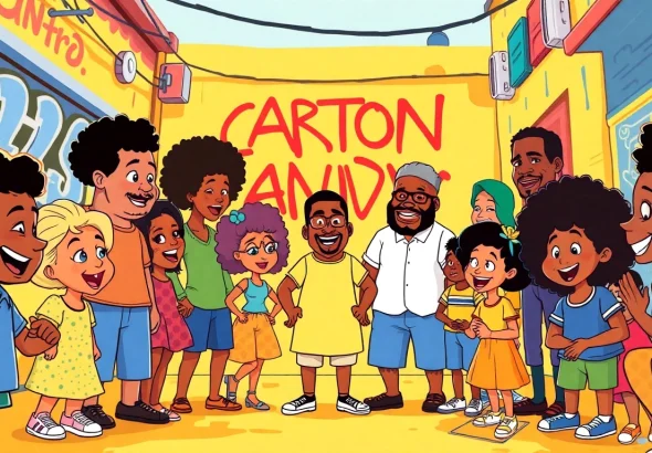 A colorful collage of African American Cartoons showcasing beloved characters in a vibrant urban setting.