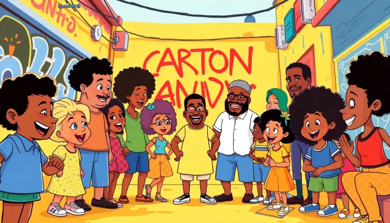 A colorful collage of African American Cartoons showcasing beloved characters in a vibrant urban setting.