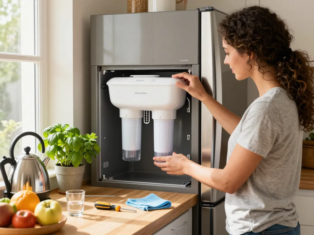 Installing the Waterdrop Replacement for Samsung DA29-00003G filter in a bright kitchen.