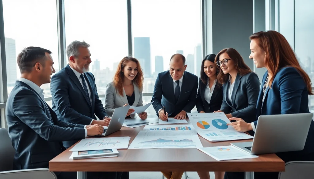 Engaged business team conducting a Bid-No-Bid Analysis discussion in a modern office setting.