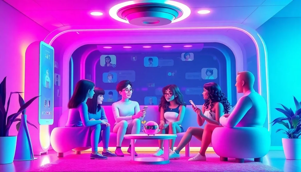 Interactive scene of diverse characters using the best nsfw ai chatbots in a cozy virtual chatroom.