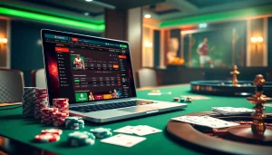 Engaging online betting interface for sports betting on situs bola online with poker chips and casino elements.