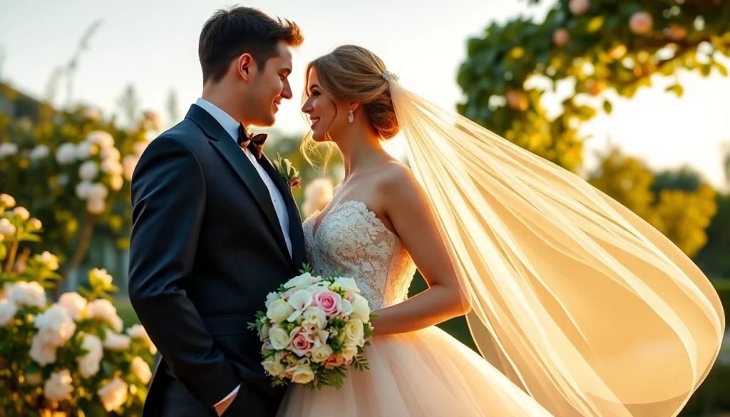 Beautiful Wedding photography capturing a couple in a garden during golden hour.