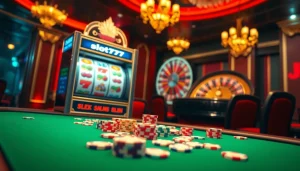 Play a thrilling slot machine game at slot777, experiencing the rush of winning big in a vibrant casino setting.