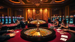 Une scène captivante de joueurs élaborant des stratégies au meilleur casino en ligne france avec des roues de roulette vibrantes et des jetons colorés.