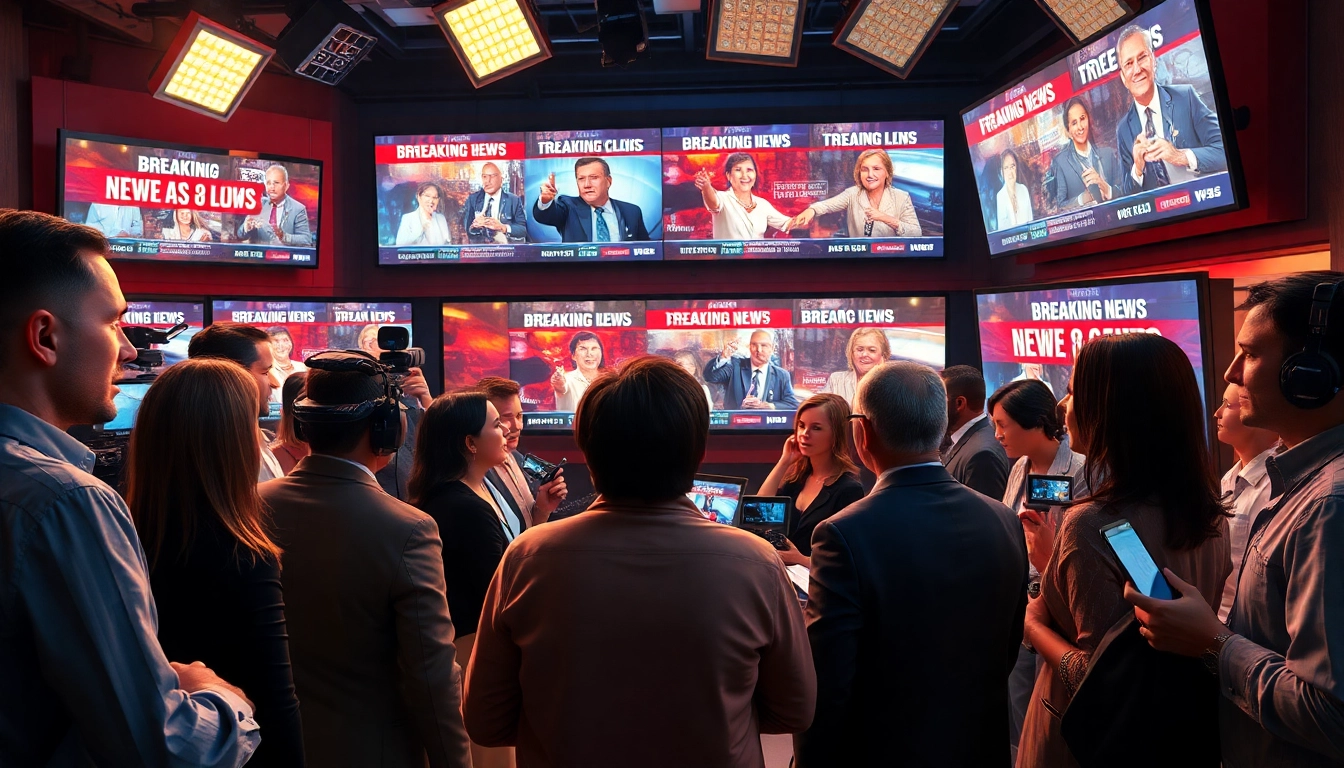 Engaging newsroom scene showcasing news reporters discussing headlines actively.
